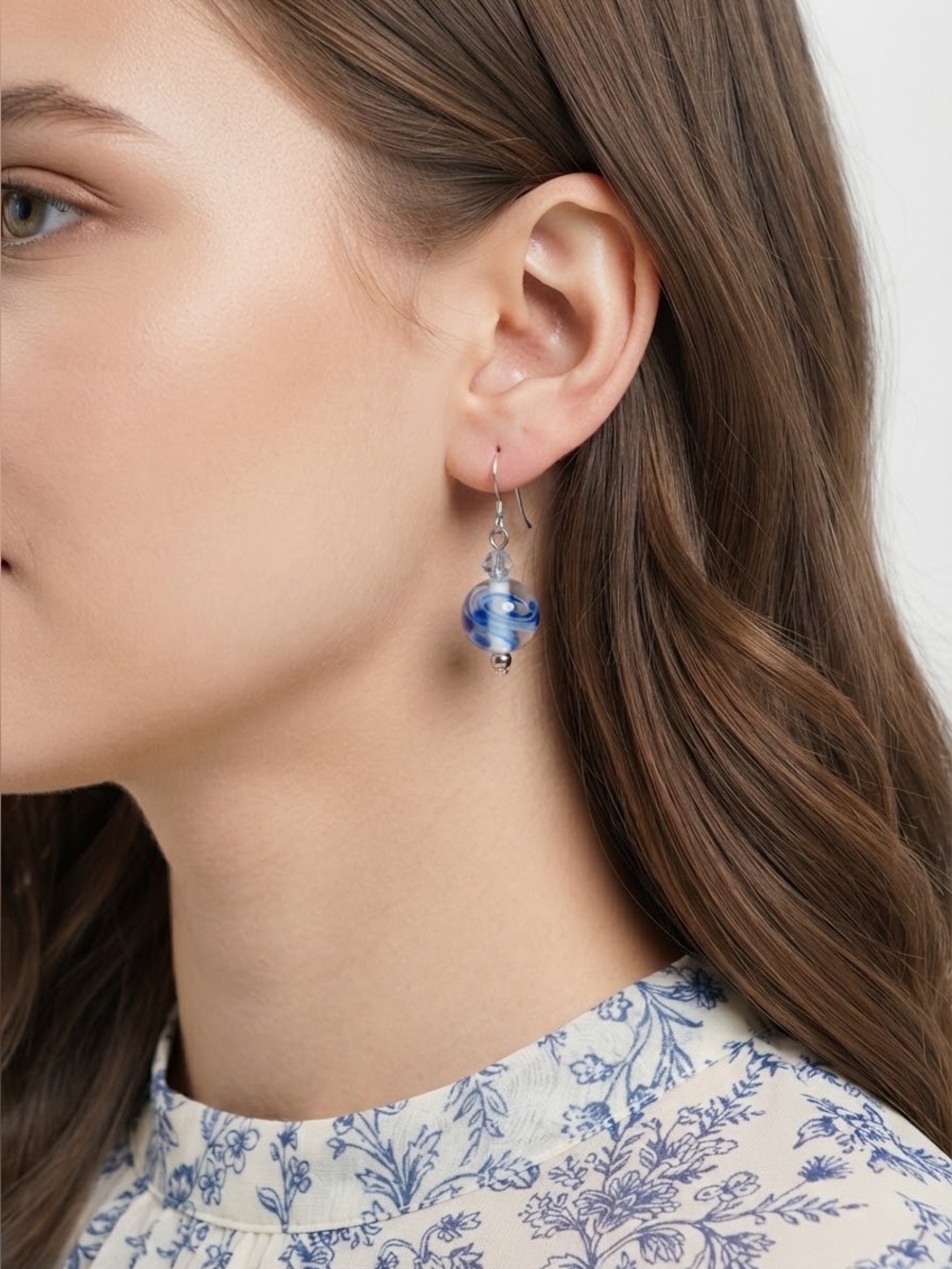 Handmade Blue Lampwork Glass Bead Earrings | Floral Swirl Dangle Fishhook